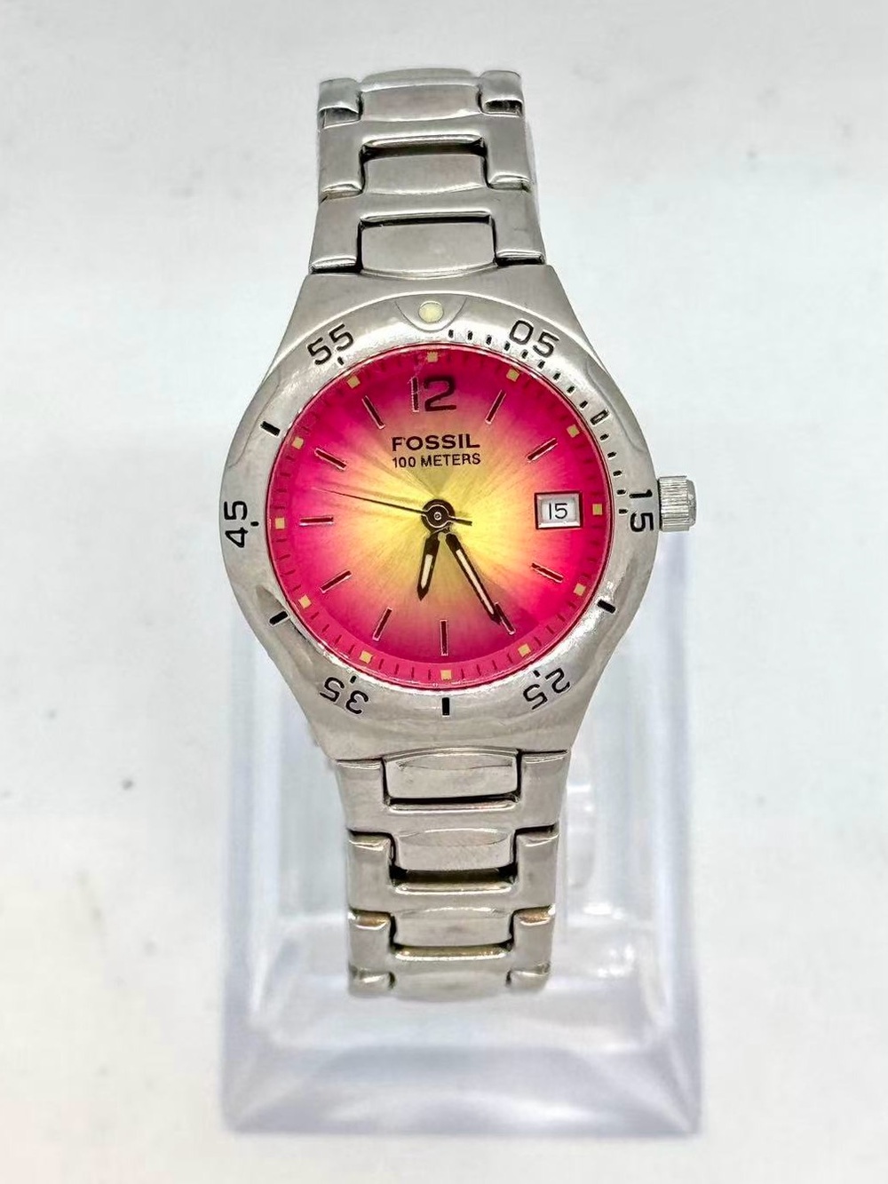 Fossil Women’s Quartz Watch 28mm Pink Dial Silver Tone Date New Battery Runs